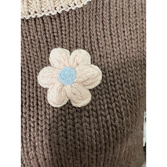 Luna Ivy Sweater Womens Size M Brown Chunky Knit Floral Applique Mock Neck - Picture 3 of 12